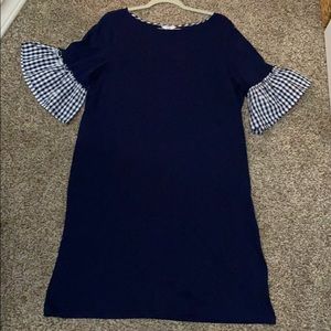 Navy blue, Crown and Ivy dress with plaid sleeves.